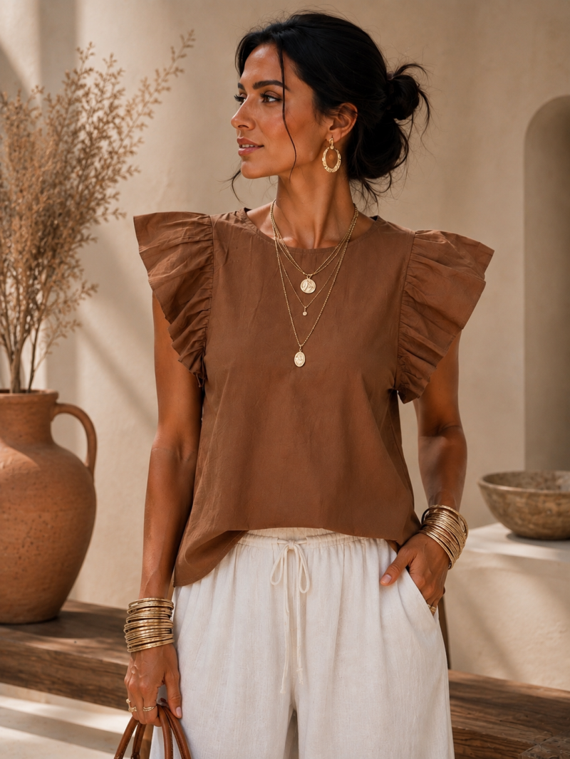 Blouse camel à volants – vue de face