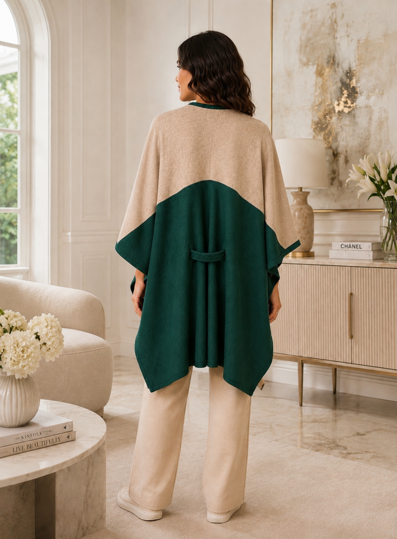Poncho bicolore beige & vert canard – Taille unique (36 au 46) – vue 4