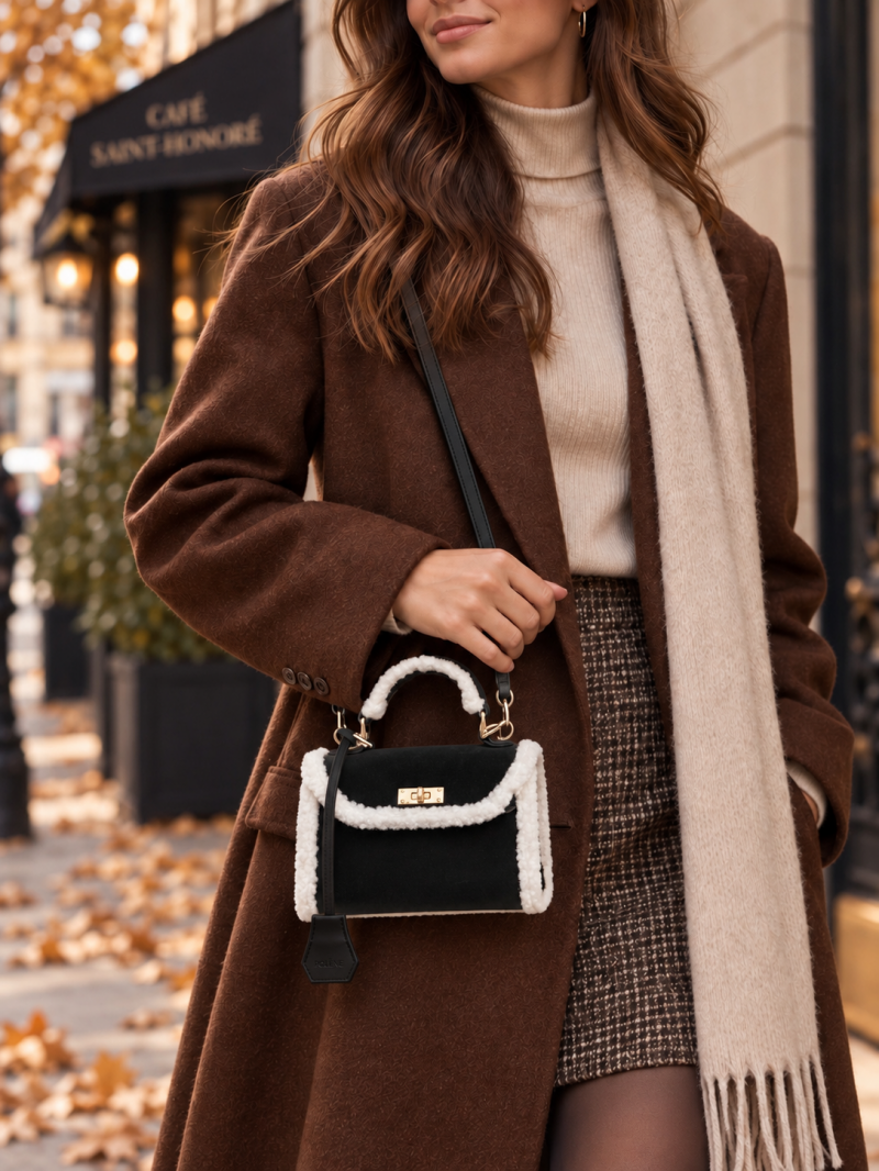 Mini sac bouclette camel noir ou moutarde – détail du tissu