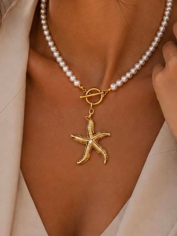 Parure collier et bracelet étoiles de mer blanc et doré – détail du produit