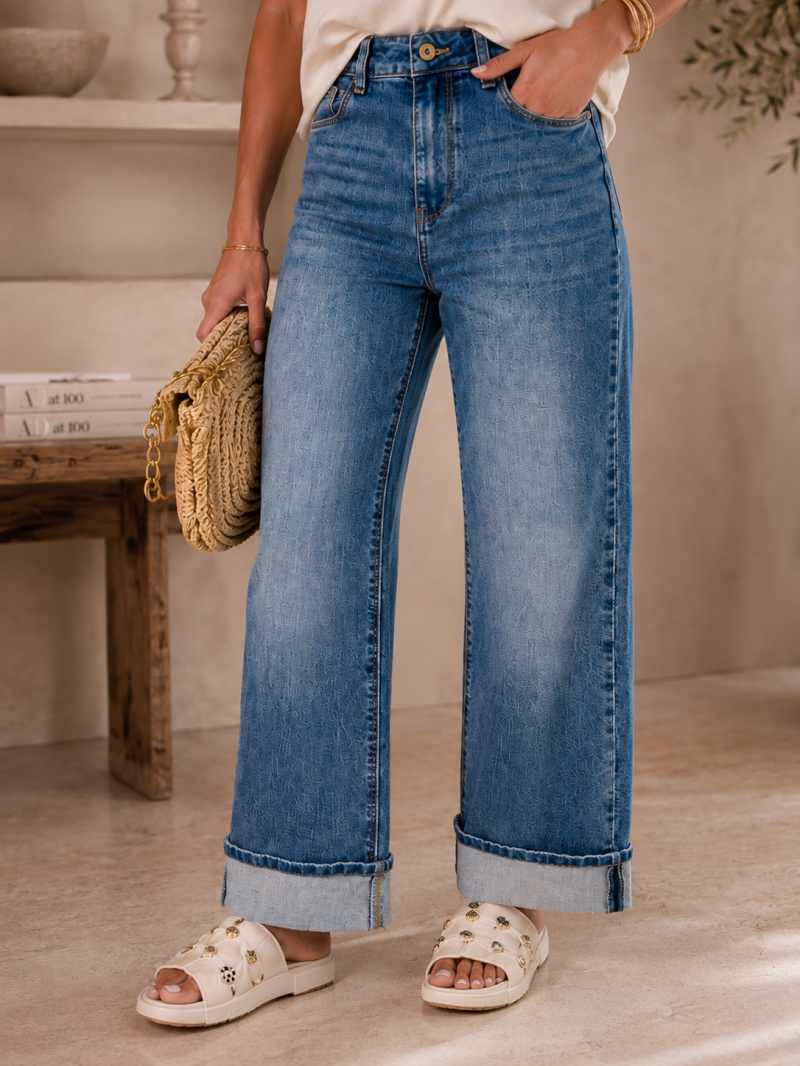 Jean wide leg bleu denim à revers – vue de côté