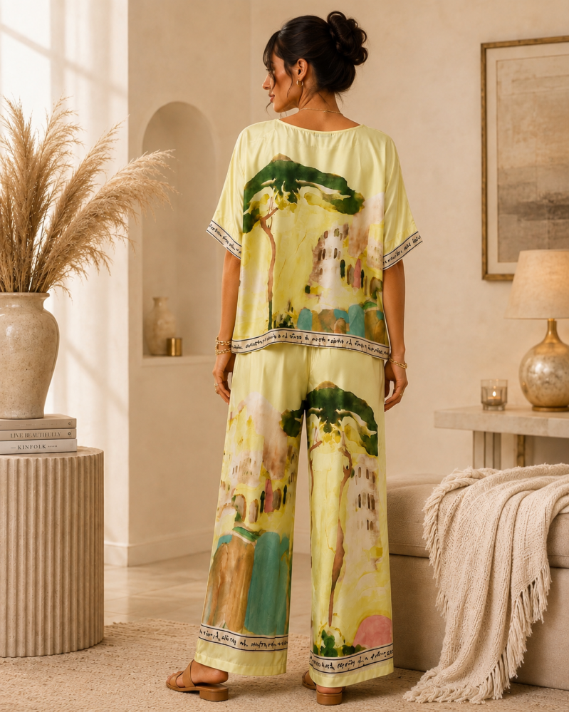 Ensemble fluide imprimé artistique jaune pastel et vert – détail du tissu