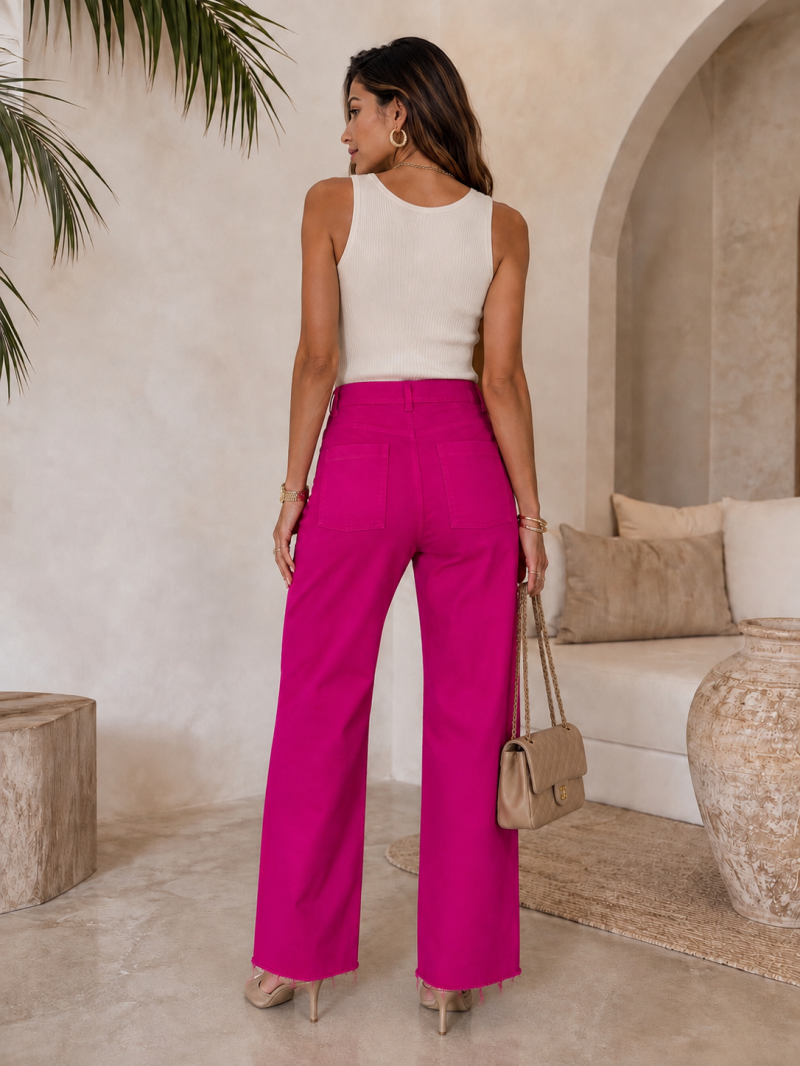 Jean fuchsia taille haute coupe droite – Taille M (36 au 38) Made in Italy – vue 5