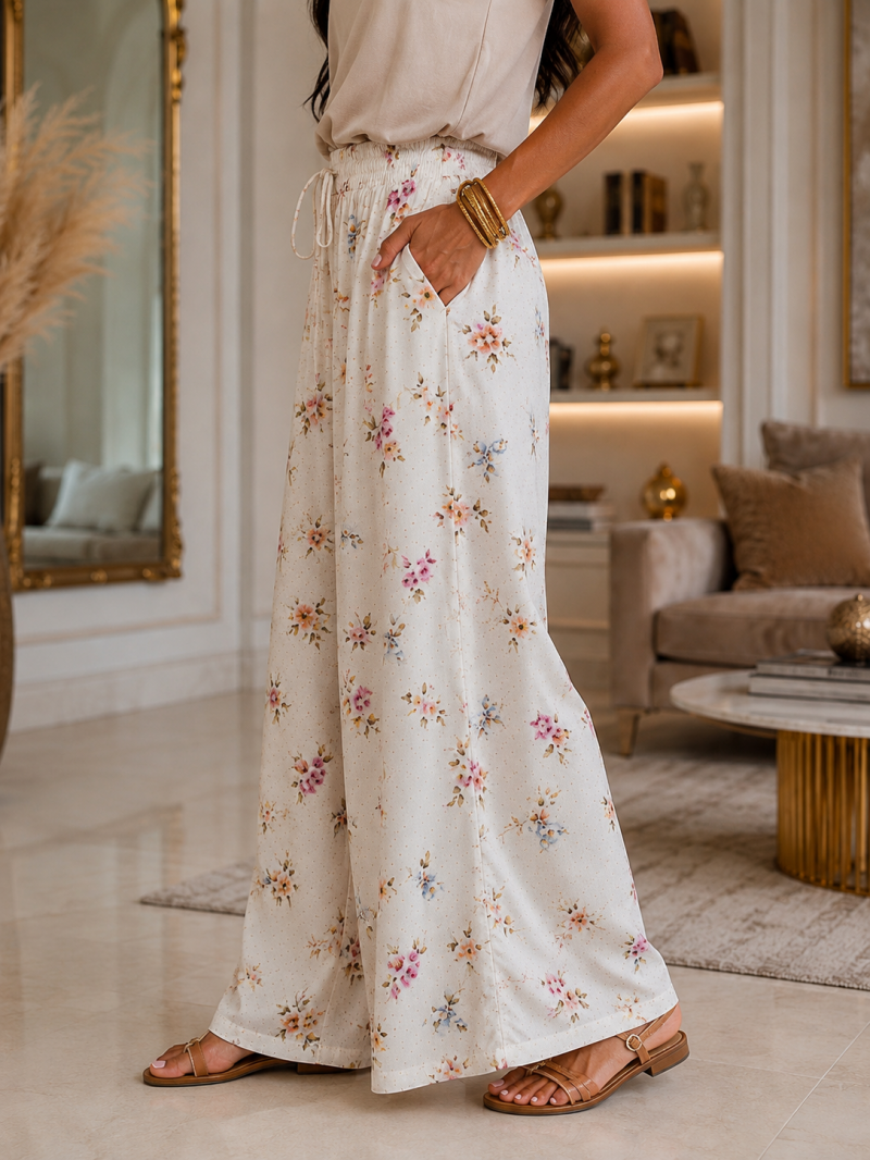Pantalon palazzo fleuri terracotta et bleu ciel – vue de dos