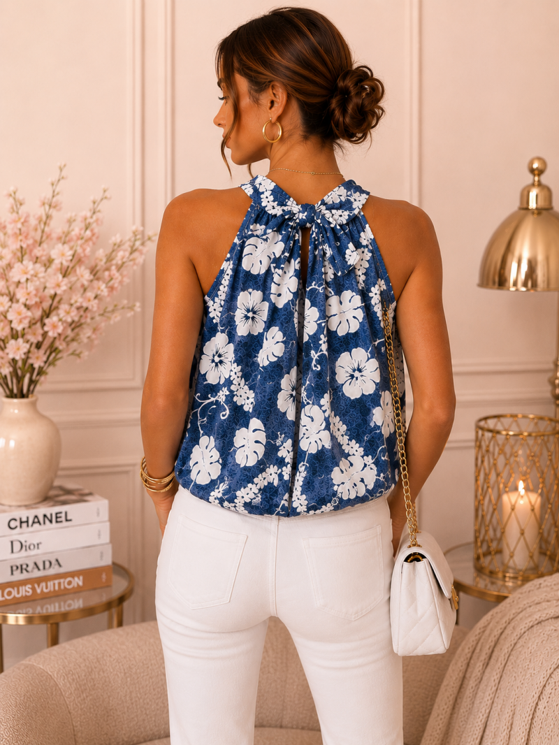 Top fleuri à col noué bleu et blanc – vue complémentaire
