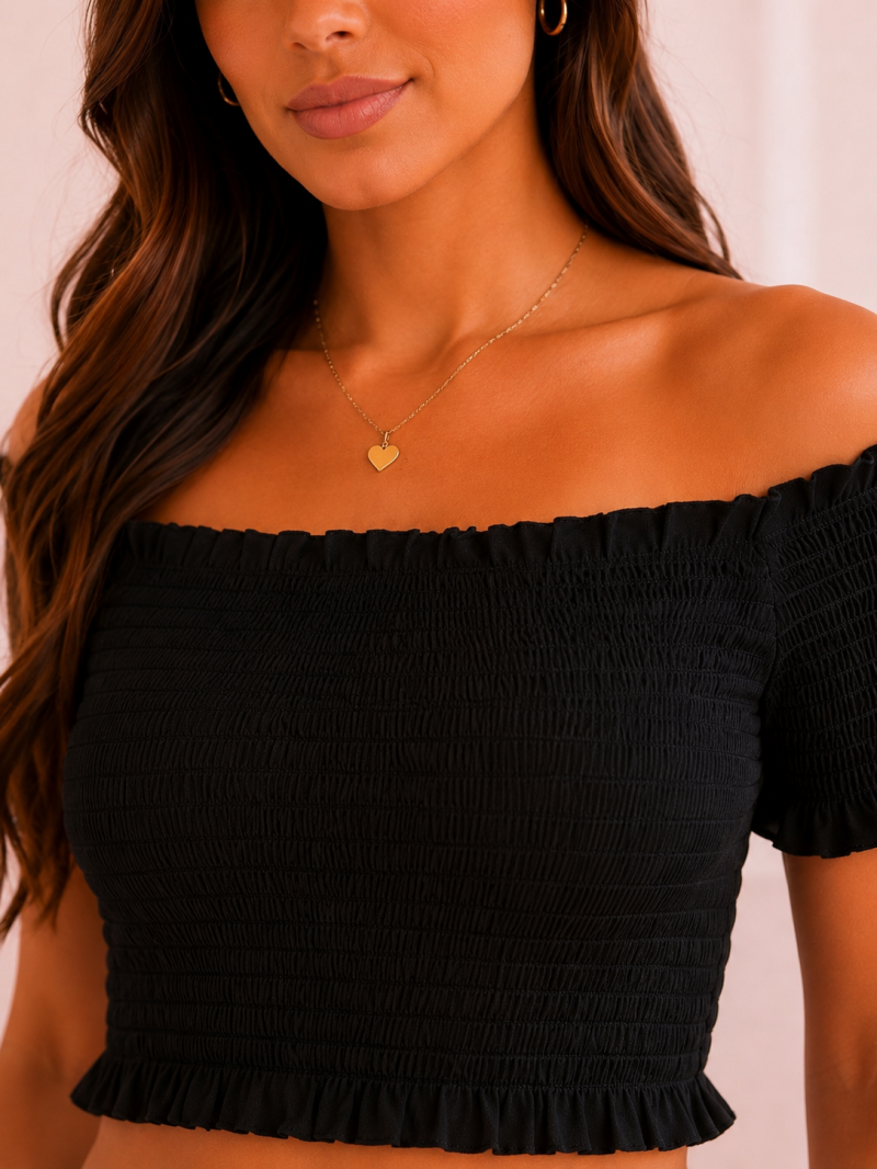 Crop top smocké col Bardot noir ou blanc cassé – détail du tissu