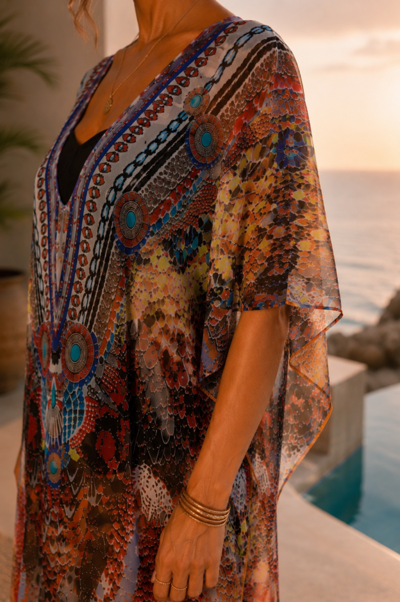 Paréo long multicolore en voile léger – vue de côté