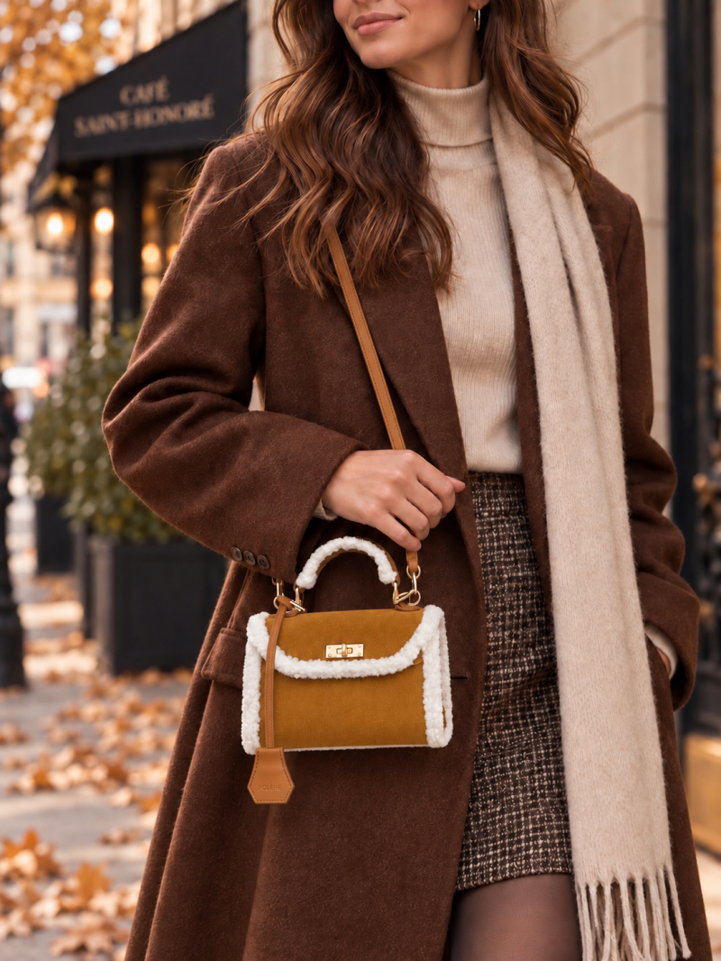 Mini sac bouclette camel noir ou moutarde – détail matière