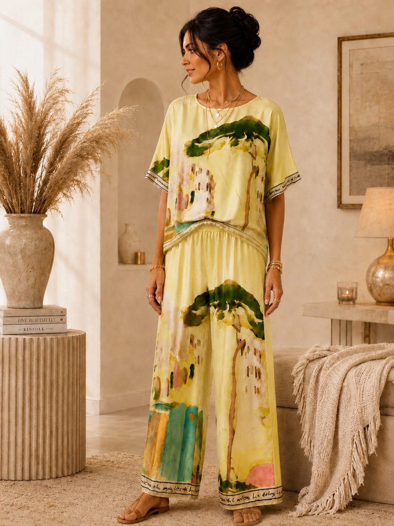 Ensemble fluide imprimé artistique jaune pastel et vert – vue principale