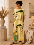 Ensemble fluide imprimé artistique jaune pastel et vert – vue principale