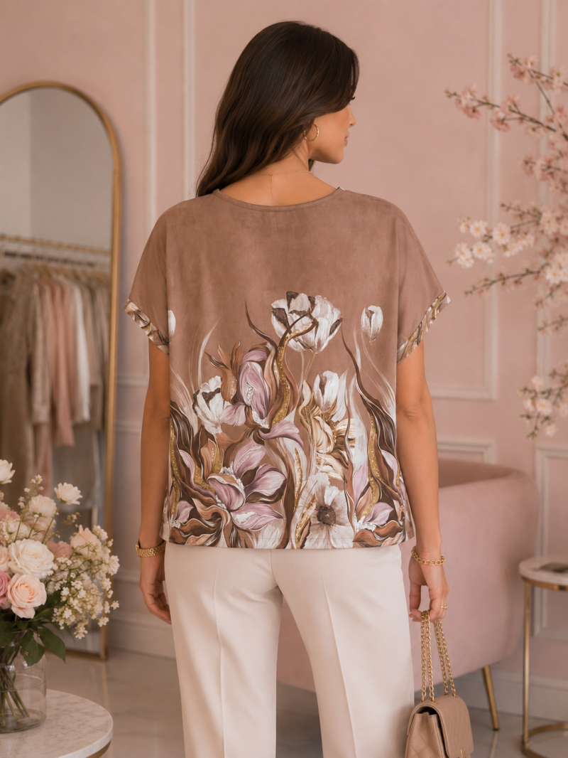 Haut oversize fleuri taupe et rose – détail de la coupe