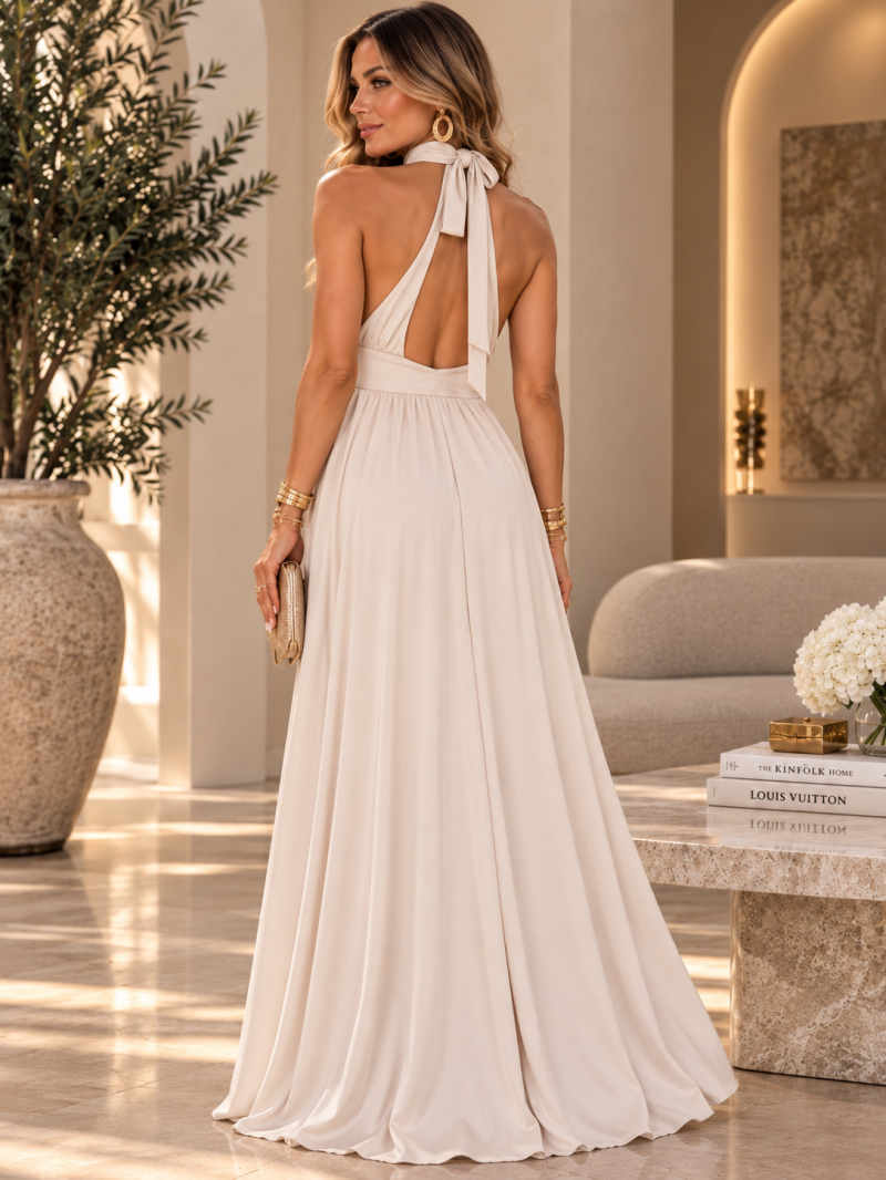 Robe longue beige champagne - Taille unique (34 au 40) Made in Italy – vue 4