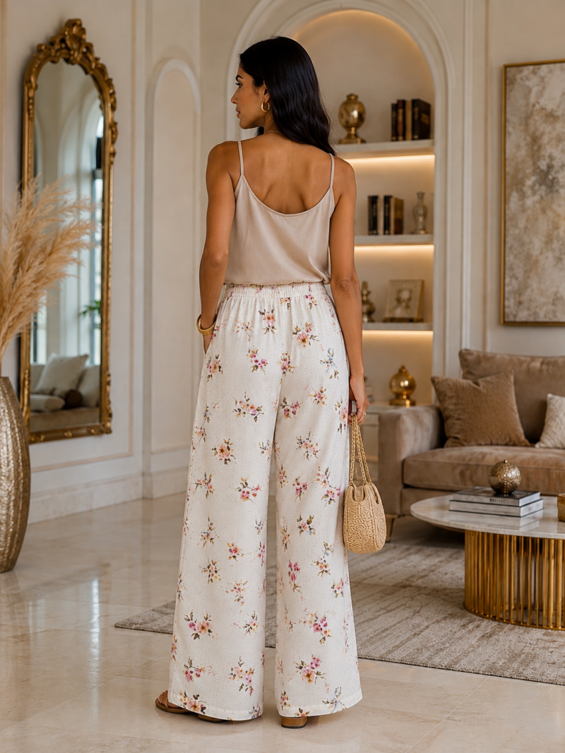 Pantalon palazzo fleuri terracotta et bleu ciel – détail du tissu