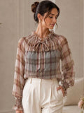 Blouse transparente à carreaux beige rosé – vue de face