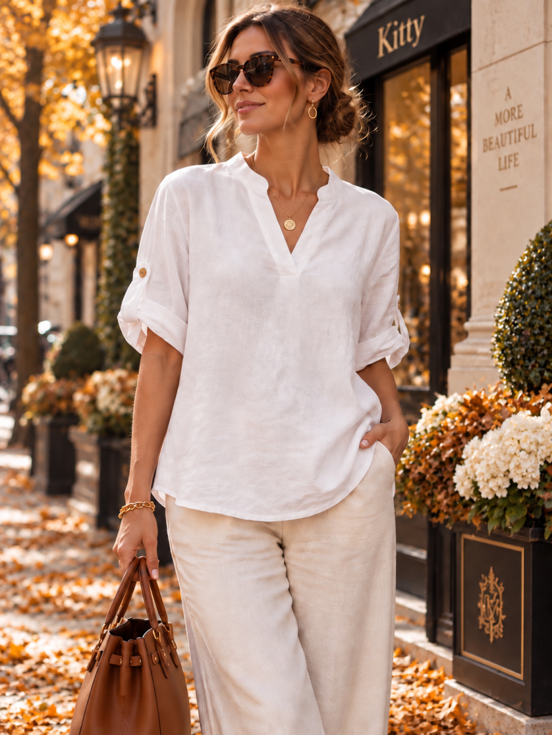 Blouse blanche col V en lin et coton – vue de face