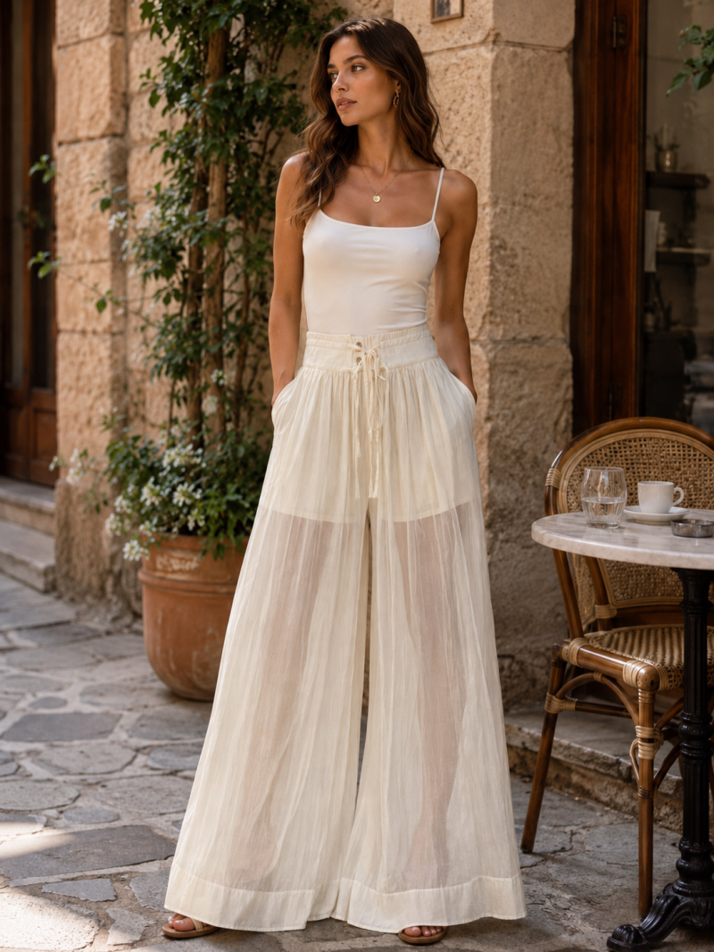 Pantalon Palazzo Transparent doublure effet Short Taille M/L (38) Made in Italy