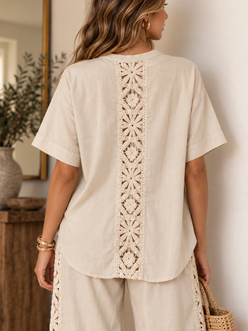 Ensemble chemise & pantalon beige crochet - Taille L (38 au 40) Made in Italy – vue 6