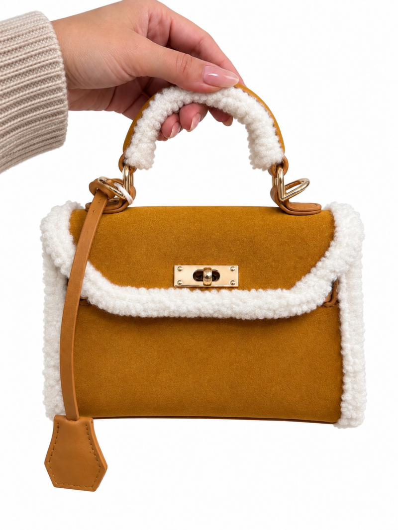 Mini sac bouclette camel noir ou moutarde – détail fermeture