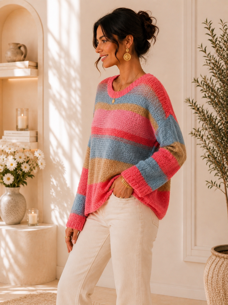 Pull léger en maille rayée rose et bleu ciel – vue de côté