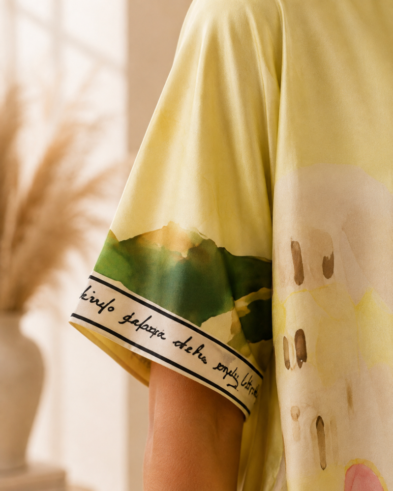 Ensemble fluide imprimé artistique jaune pastel et vert – détail du produit