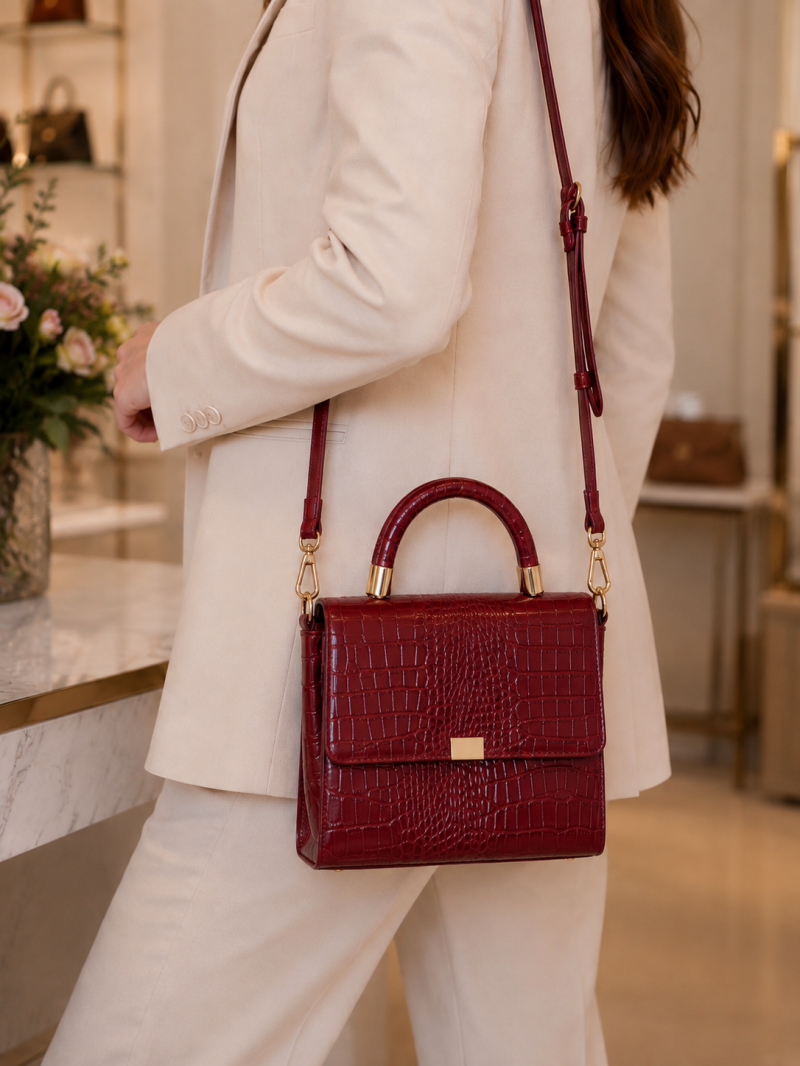 Sac à main bordeaux effet croco – Bandoulière amovible – vue 2