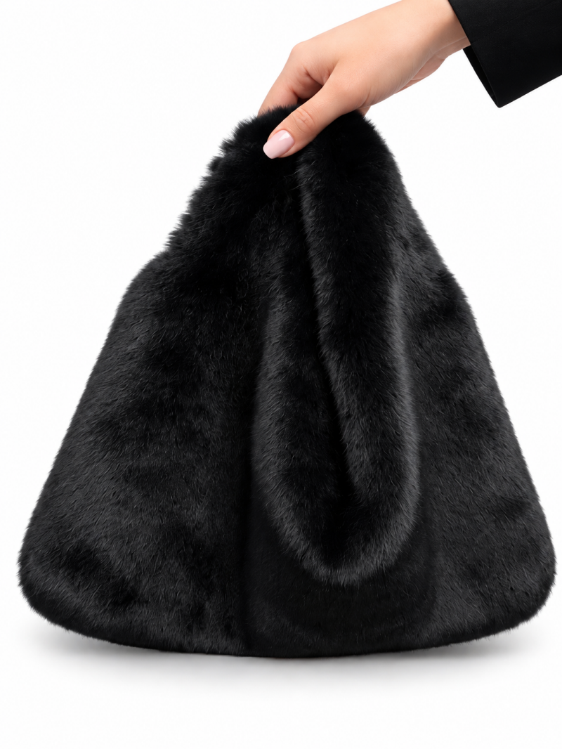 Sac à main en fausse fourrure bordeaux et noir – présentation complémentaire