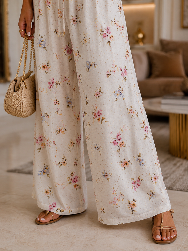 Pantalon palazzo fleuri terracotta et bleu ciel – détail de la coupe