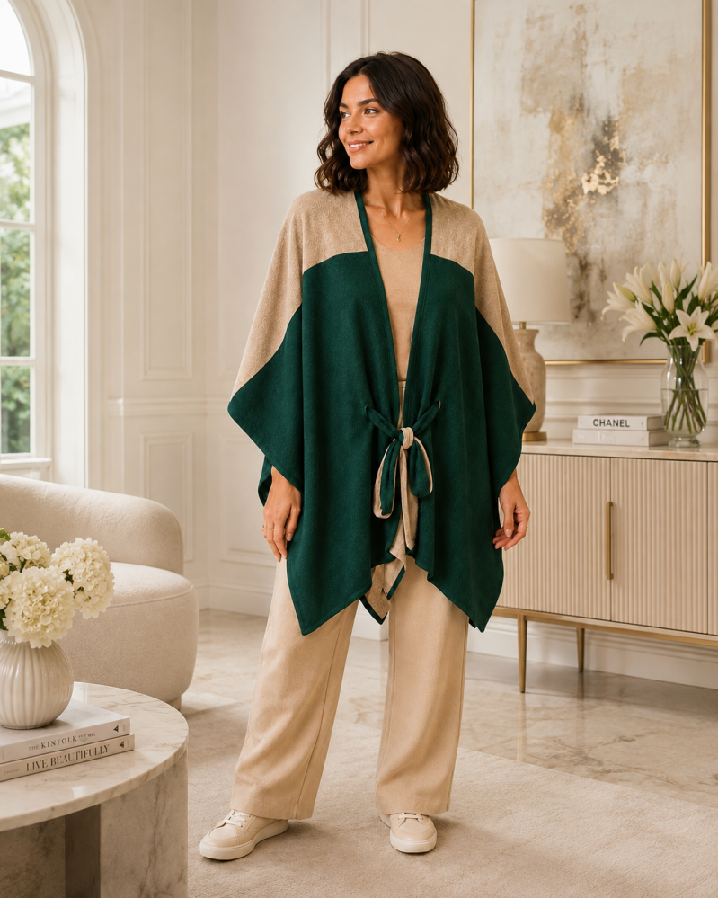 Poncho bicolore beige & vert canard – Taille unique (36 au 46)