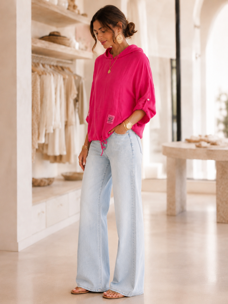 Haut oversize fuchsia à capuche en lin – détail du tissu