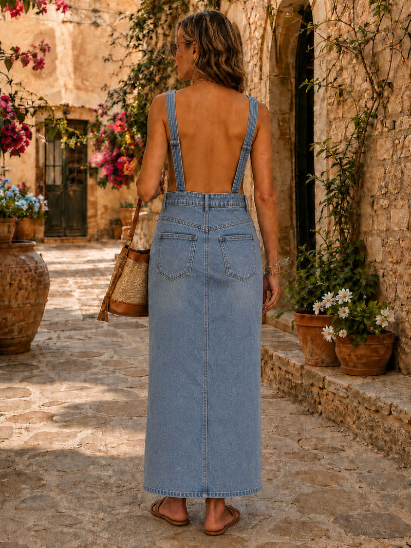 Robe salopette longue en jean bleu avec fente – Taille S (36) Made in Italy – vue 4
