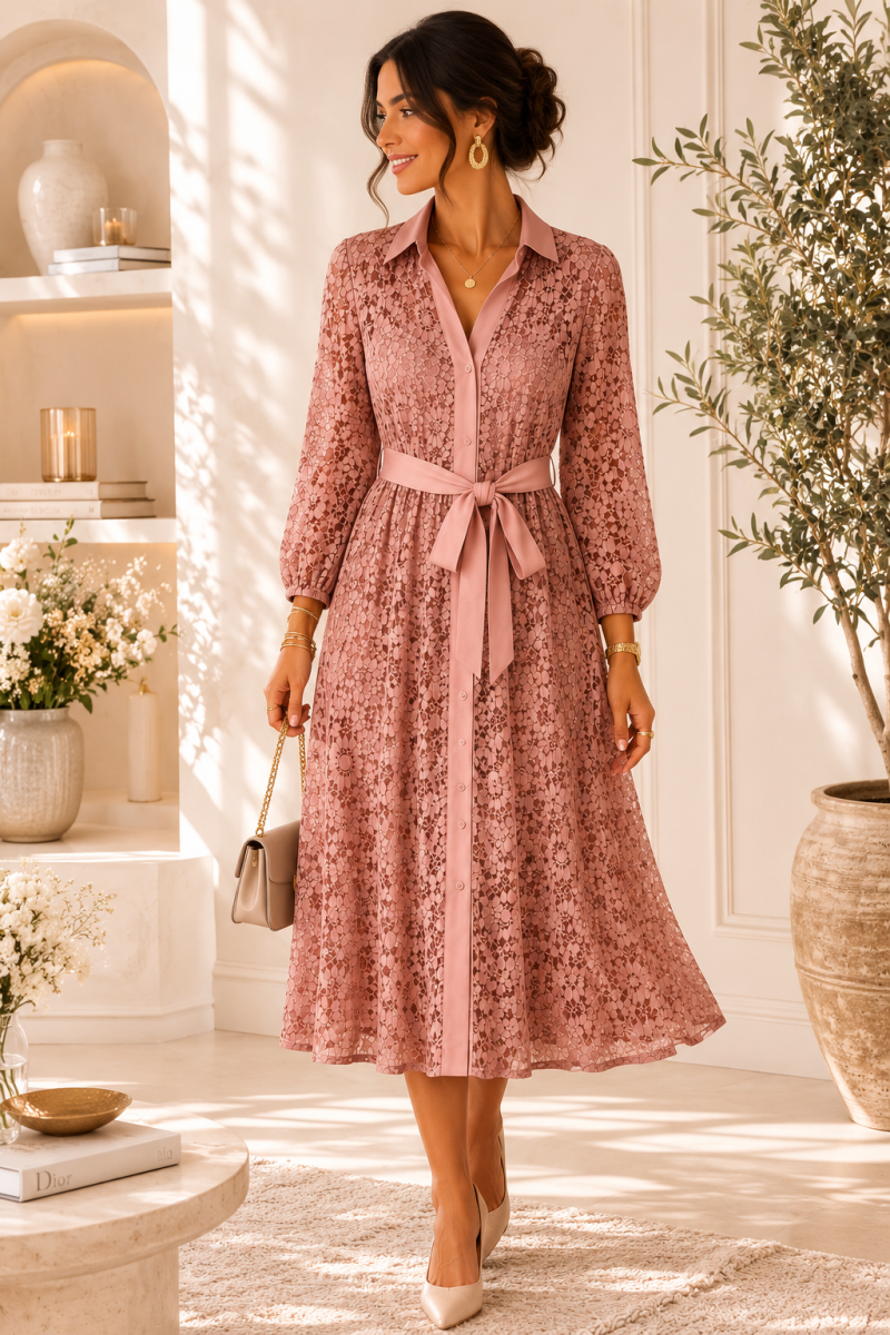 Robe longue en dentelle rose poudré – vue principale