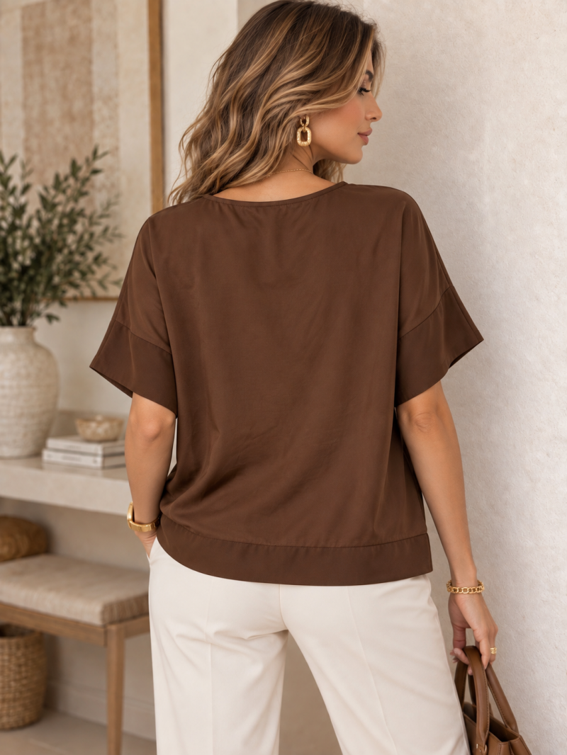Top oversize imprimé tropical marron et écru – détail de la finition