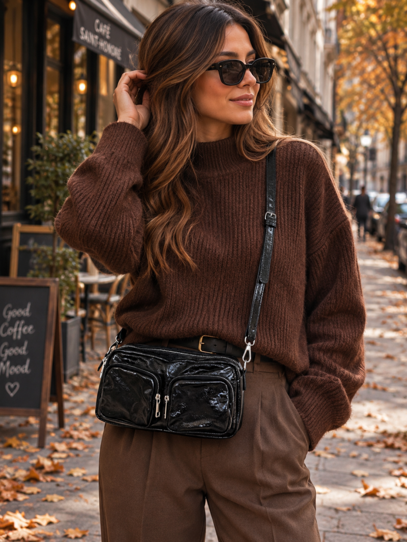 Sac bandoulière noir brillant – multi-poches – vue 2