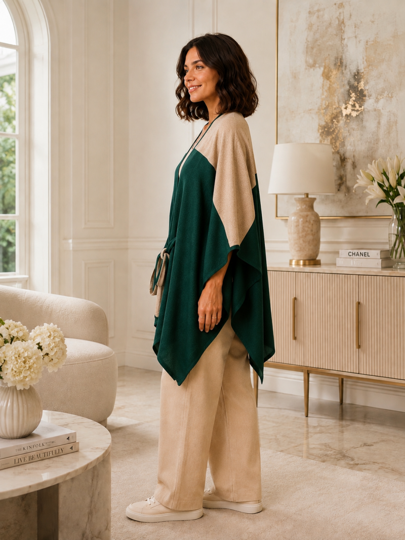 Poncho bicolore beige et vert canard – détail du produit