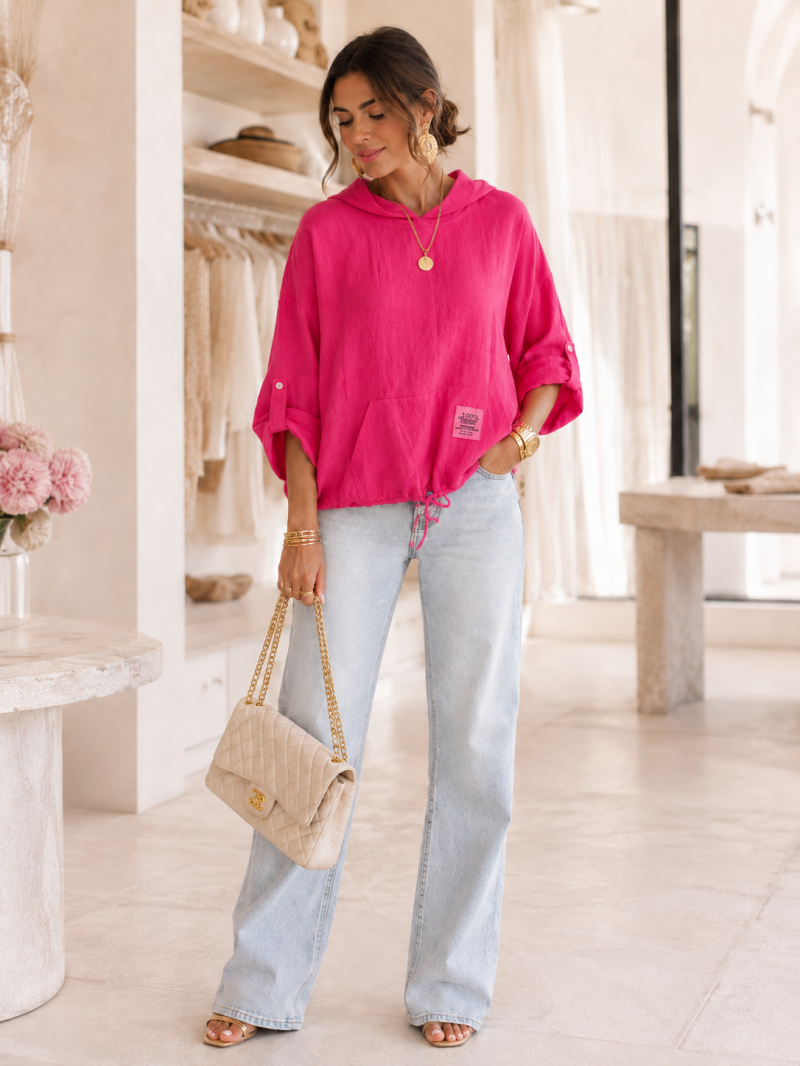 Haut oversize fuchsia à capuche en lin – vue de côté