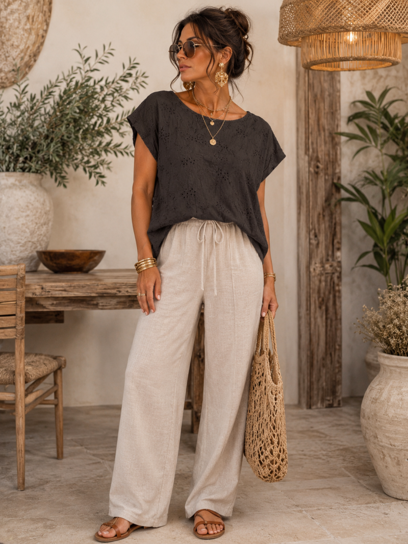 Blouse oversize marron en broderie anglaise – détail du vêtement