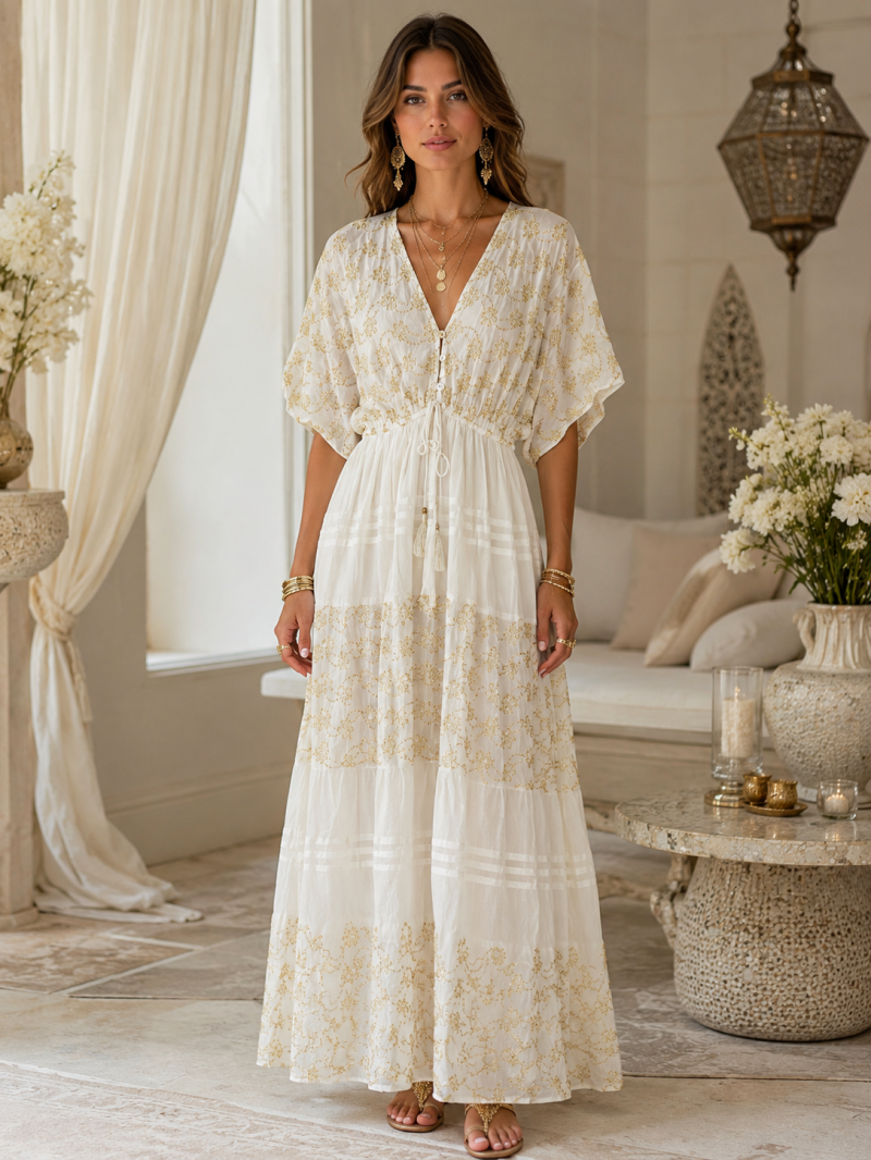 Robe longue blanche brodée dorée – Taille unique (36 au 40)