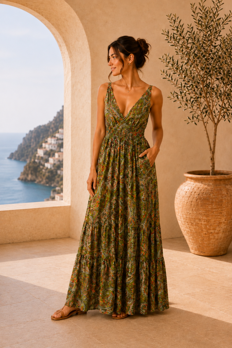 Robe longue fluide bleu turquoise en soie mélangée – présentation complémentaire