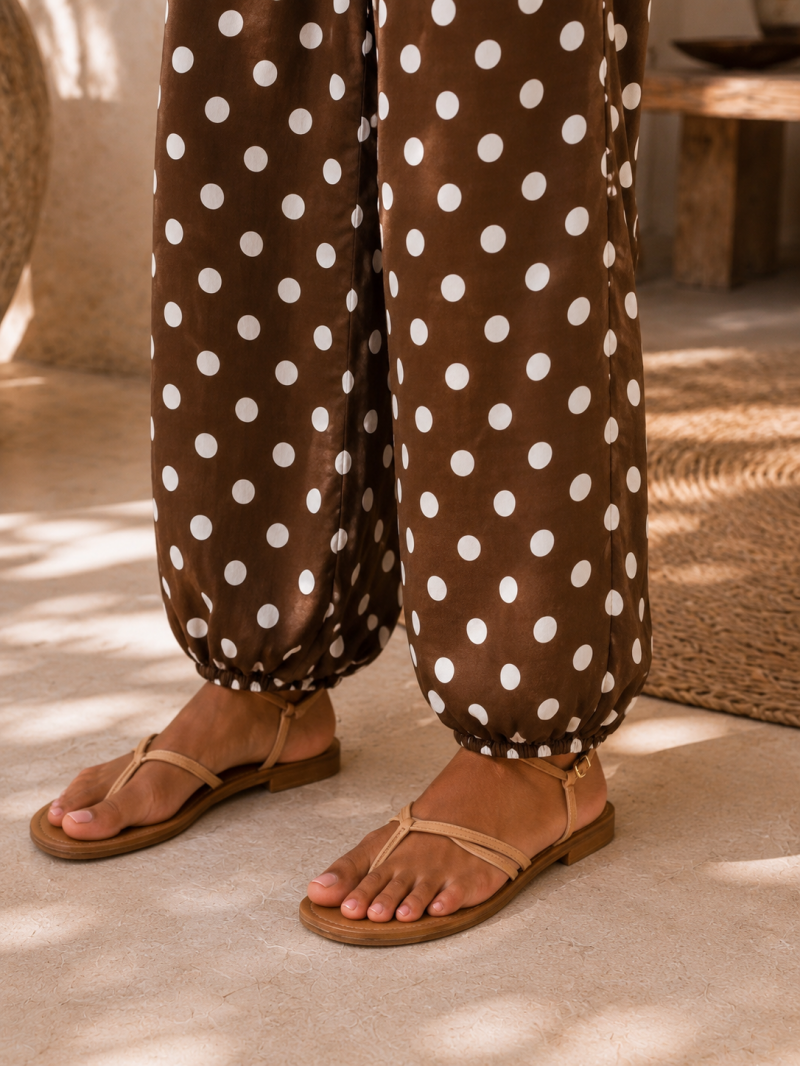 Pantalon à pois chocolat et blanc – vue de dos