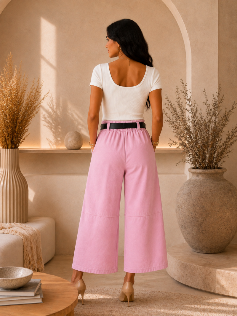 Pantacourt large ceinturé rose poudré – détail de la coupe