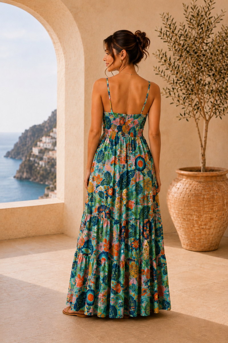 Robe longue fluide bleu turquoise en soie mélangée – autre détail