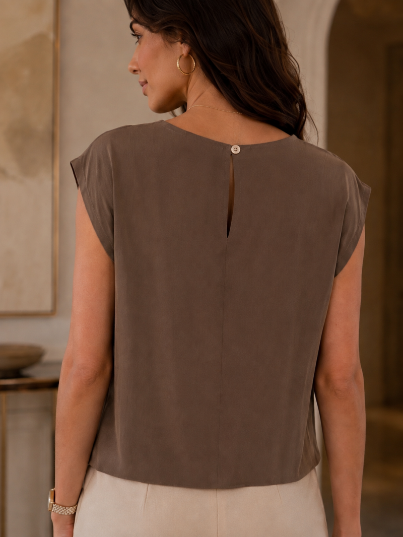 Top drapé marron – présentation complémentaire
