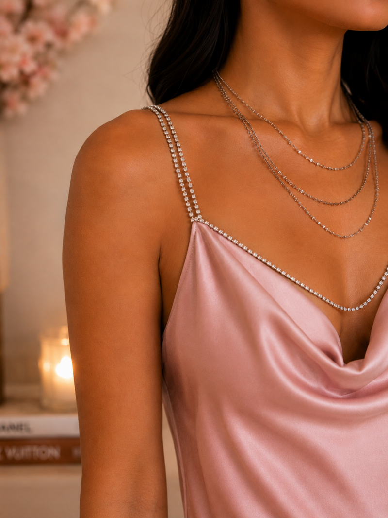 Robe longue satinée à bretelles strass – vue complémentaire
