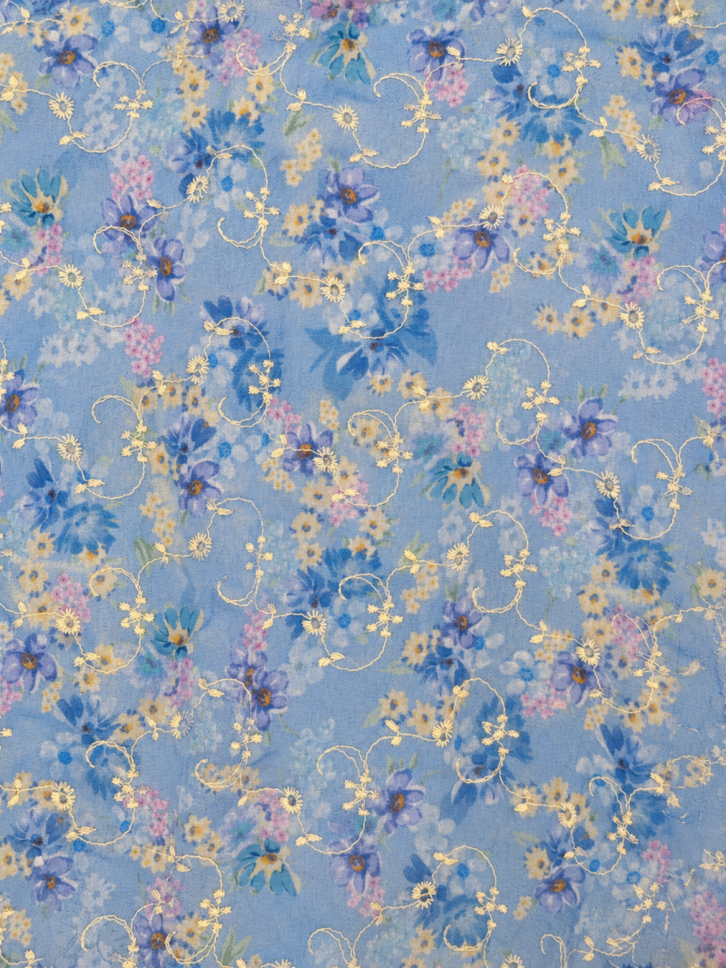 Blouse fleurie brodée bleu ciel col Bardot – détail du tissu