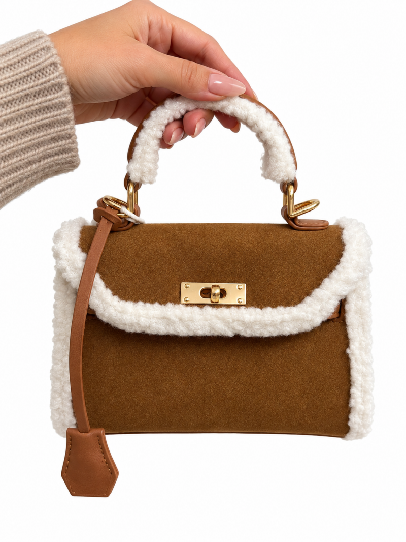 Mini sac bouclette camel noir ou moutarde – vue de côté