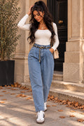 Jean femme taille haute ceinture chaîne bleu - vue de face