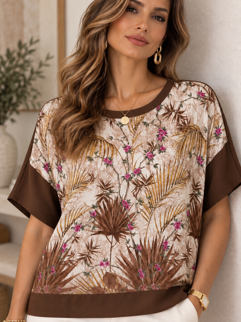 Top oversize imprimé tropical marron et écru – vue complémentaire