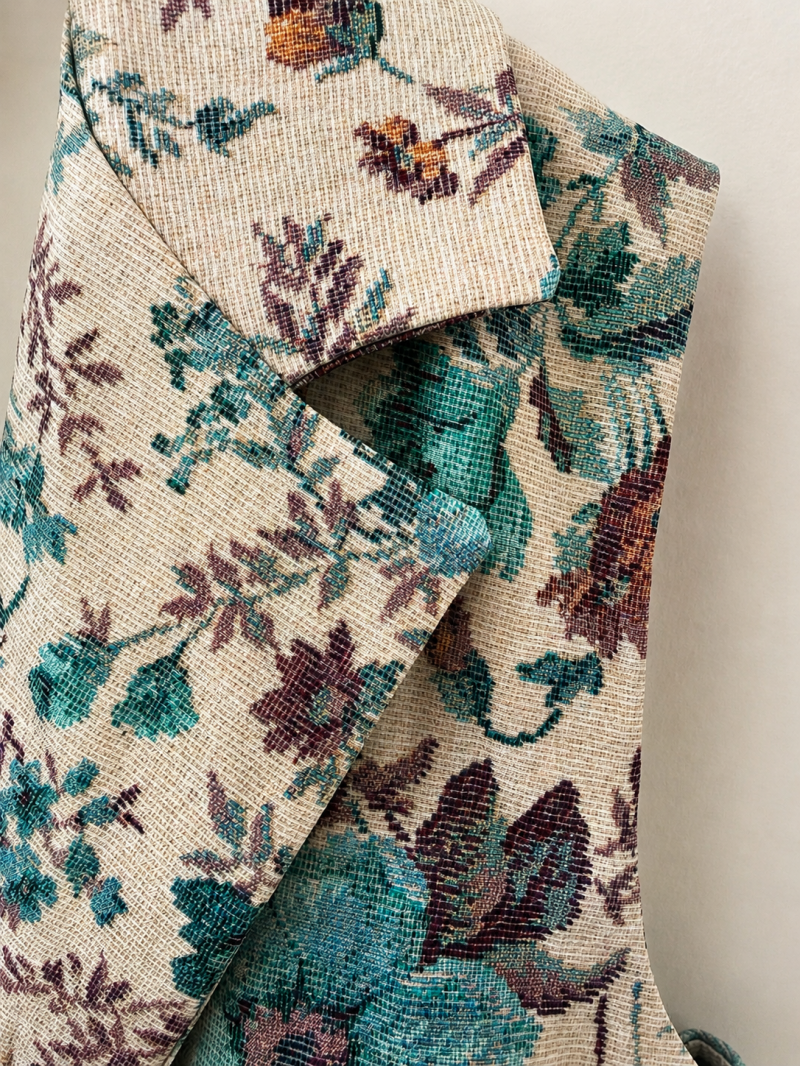 Gilet tailleur fleuri sans manches beige et vert d’eau – détail du vêtement