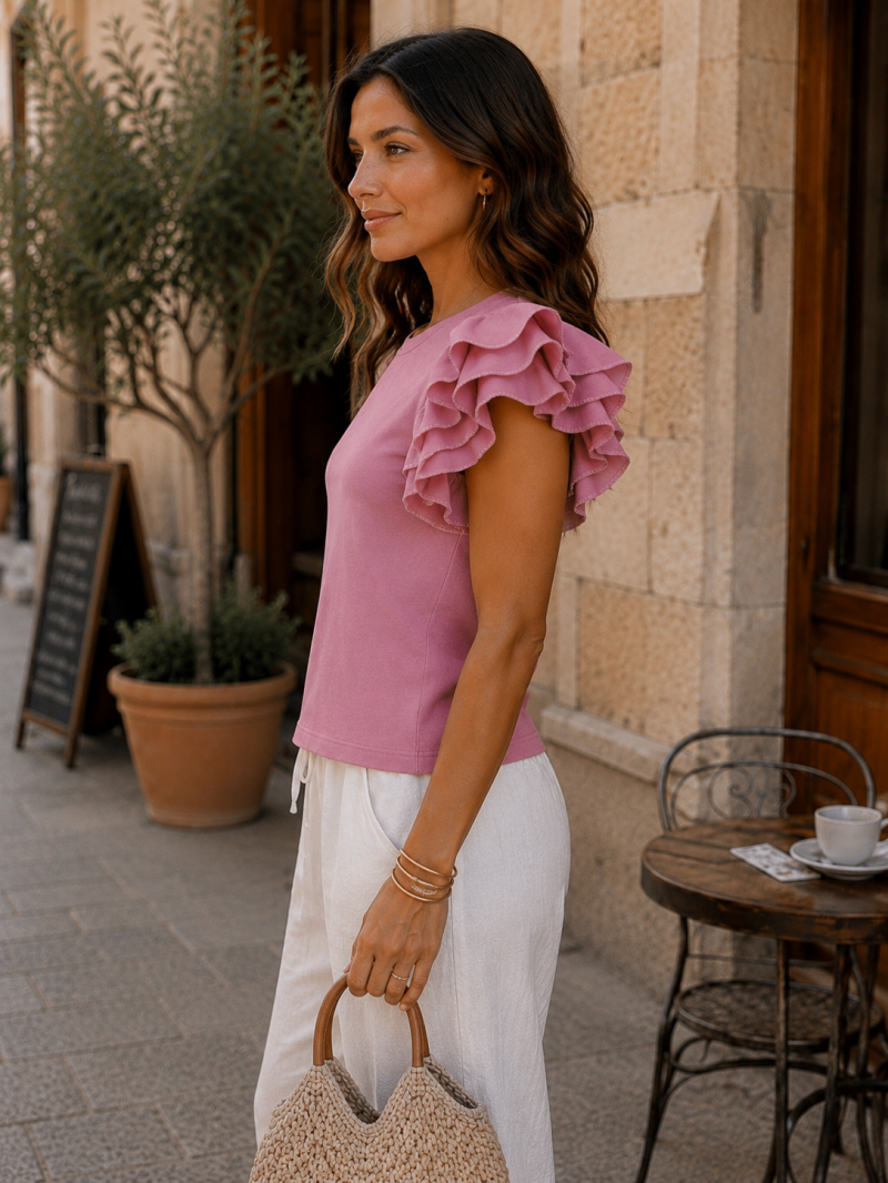 Top rose poudré à triple volants – détail du vêtement