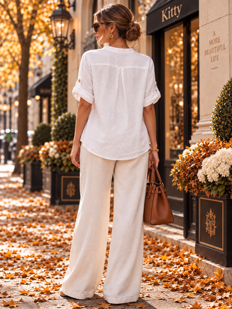 Blouse blanche col V en lin et coton – vue de dos